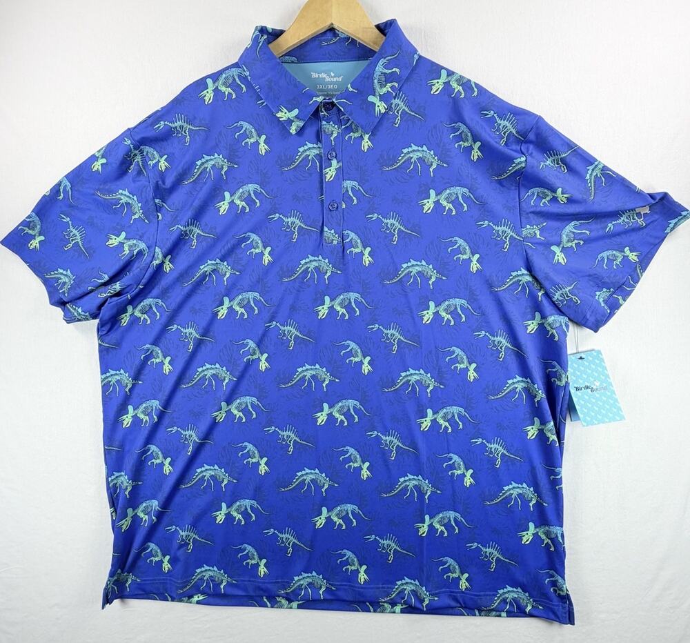 Birdie Bound Men’s Golf Polo Shirt Dinosaur Skeleton Print Blue Size 3XL-XXL
